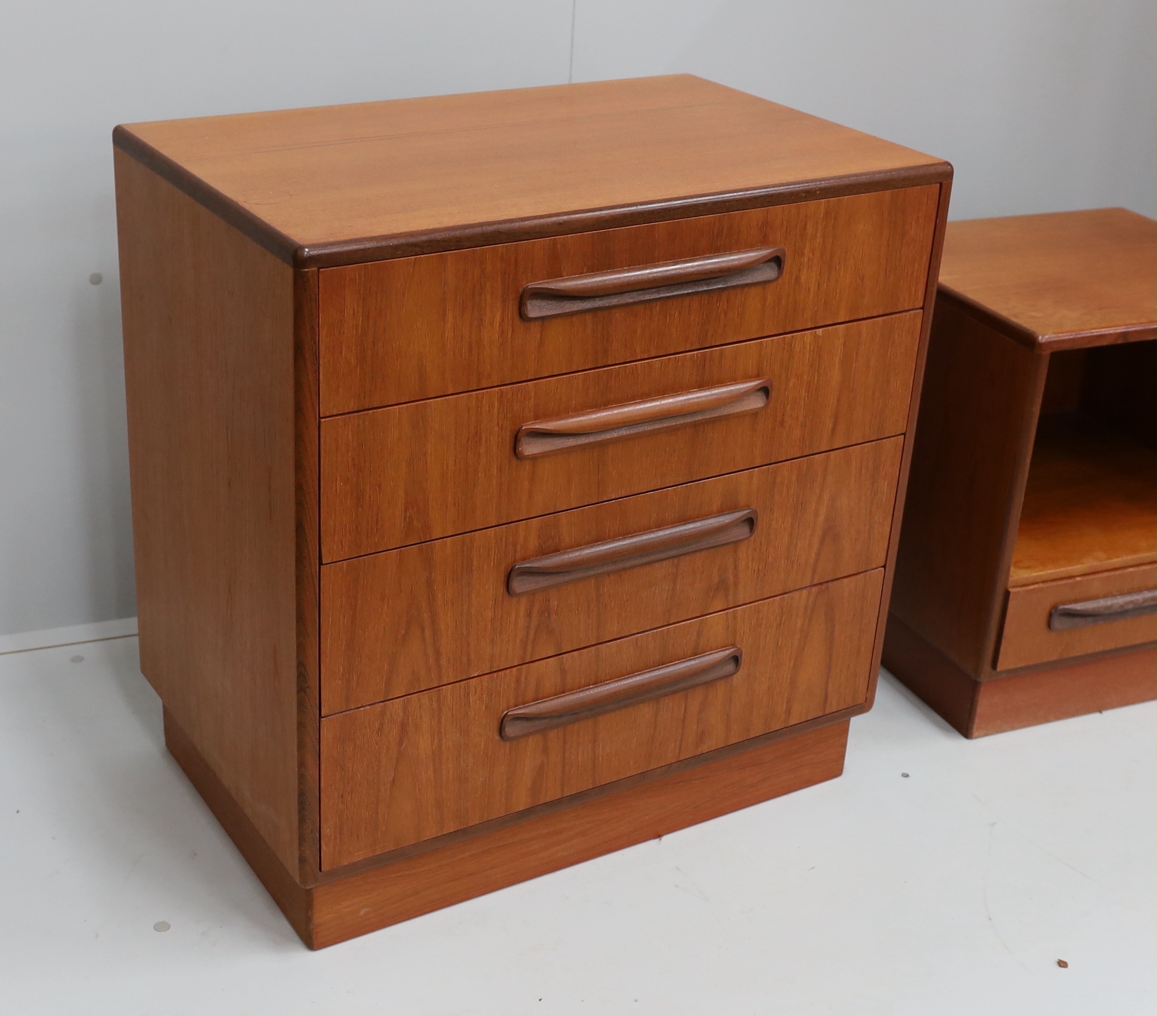 A mid century G Plan Fresco teak three piece bedroom suite, wardrobe width 91cm, depth 59cm, height 177cm